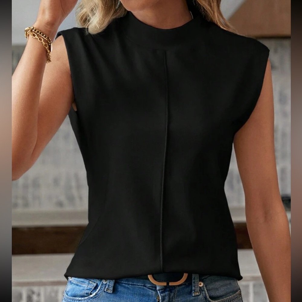 Classic Mock Cowl Neck Cap Sleeve Work Office Casual Top Blouse Shirt Bkack